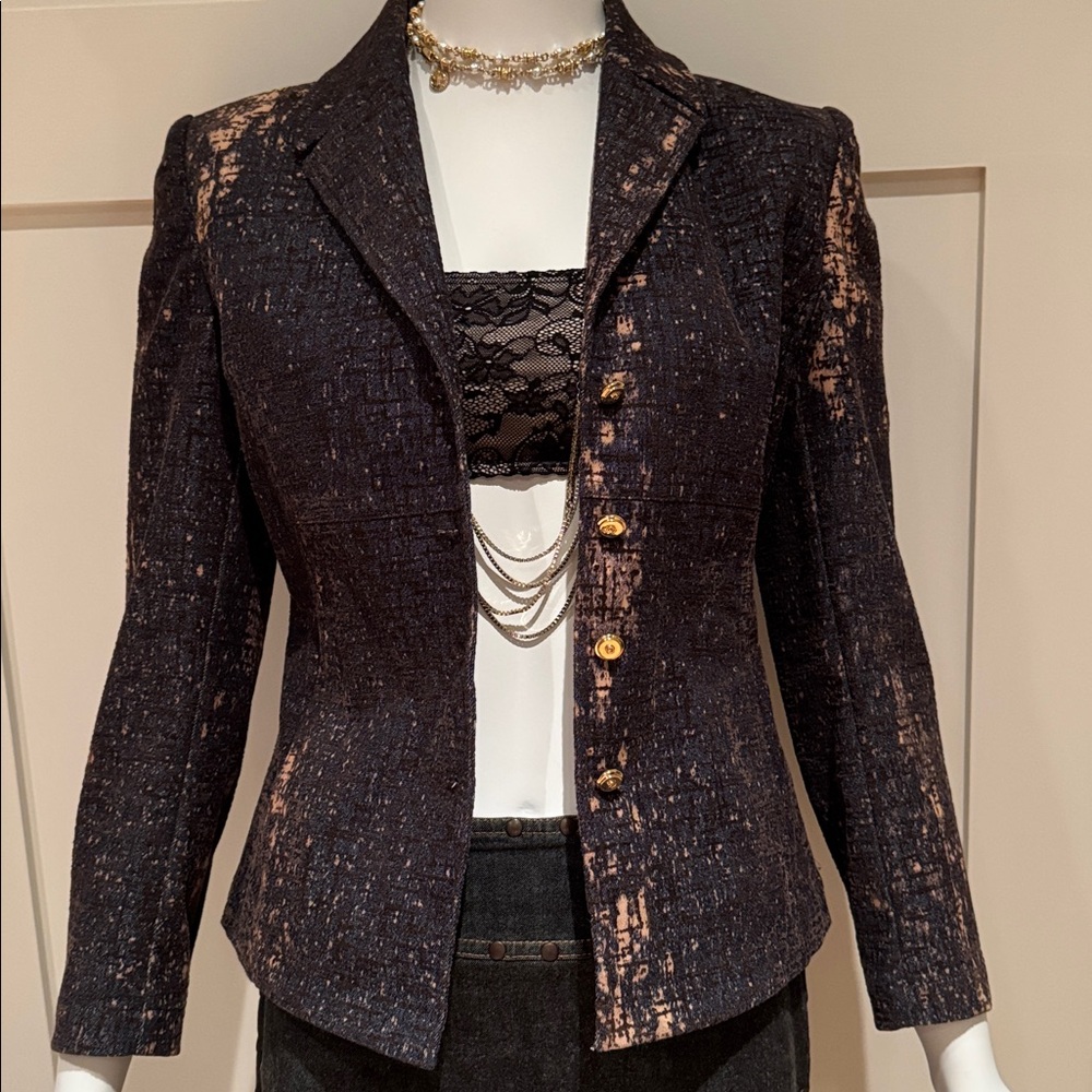 ST. JOHN SPORT BY MARIE GRAY BLUE/BEIGE DENIM AND BROWN VELVET JACKET SIZE P/XS